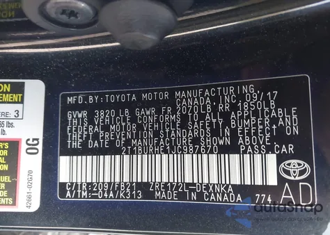 2018 Toyota Corolla Le z USA, uszkodzony, nr VIN 2T1BURHE1JC987670
